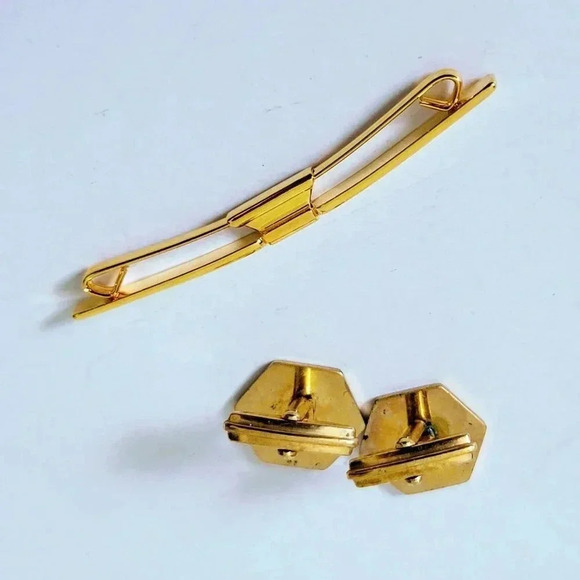 Vintage Tie Bar Cuff Links Set Gold Tone - Picture 3 of 3